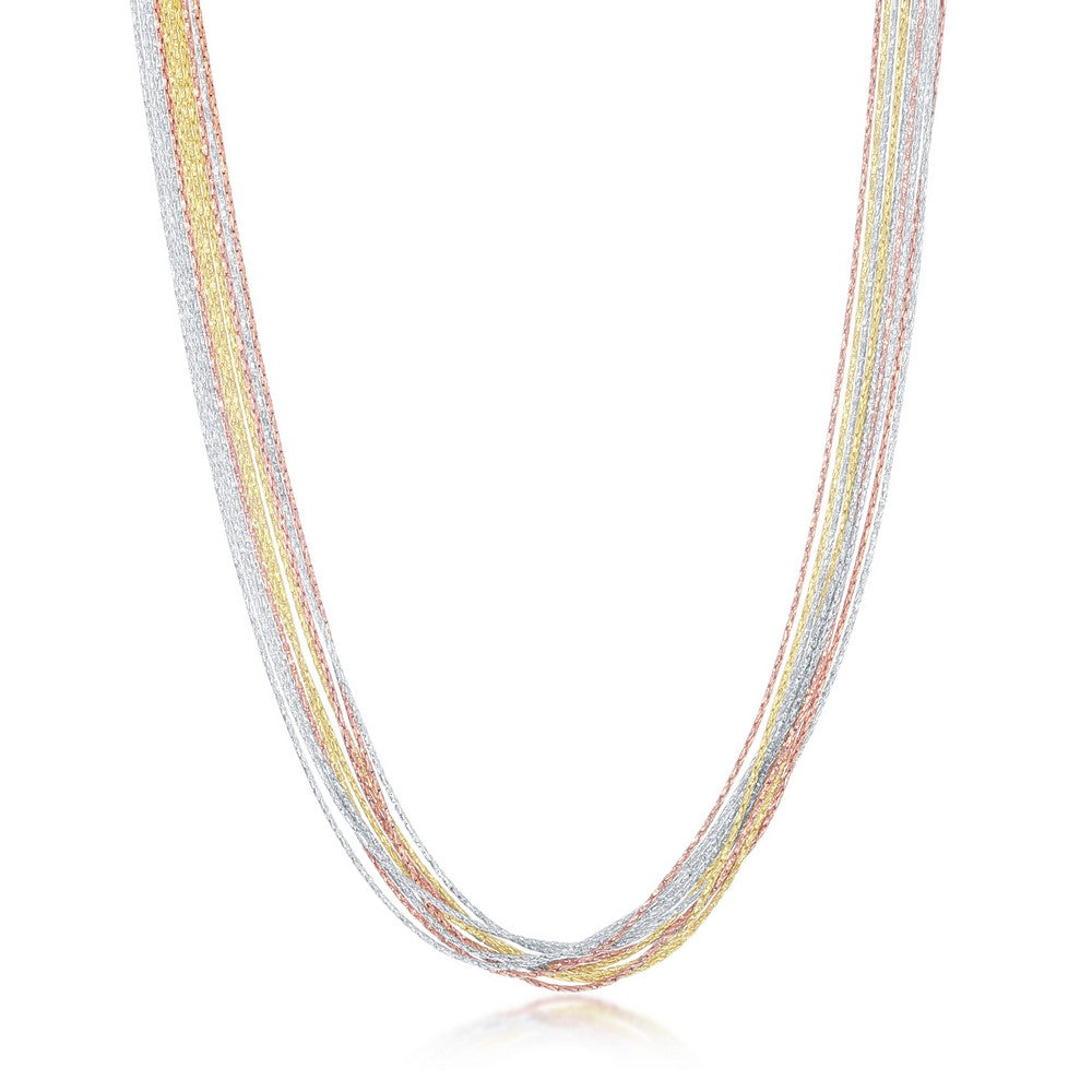Sterling Silver 10 Strand Sparkling Necklace - Tri Color