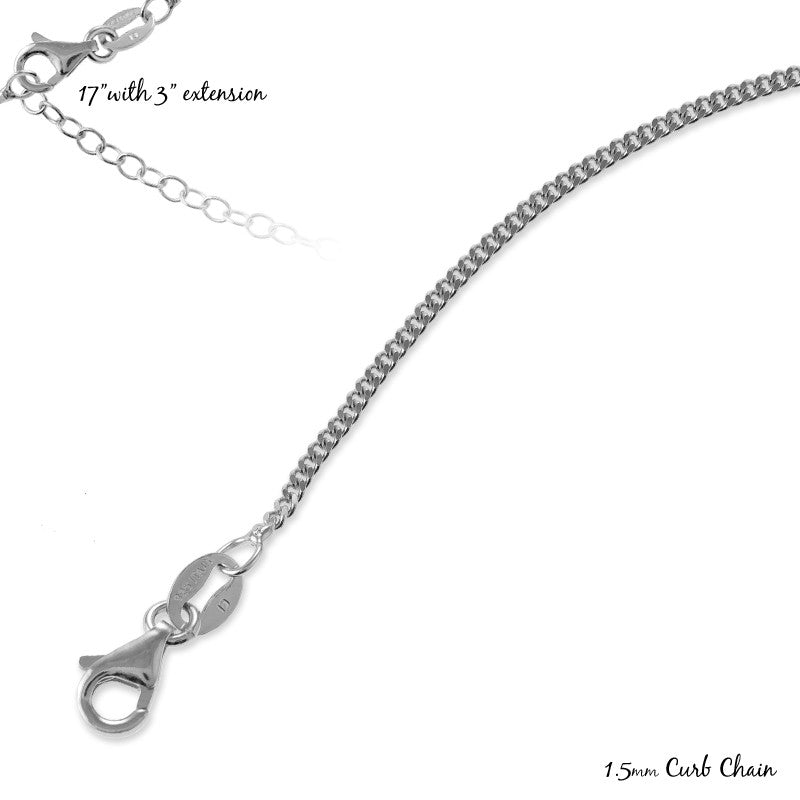 Sterling Silver 17+3'' 1.5mm Curb Chain - Rhodium Plated