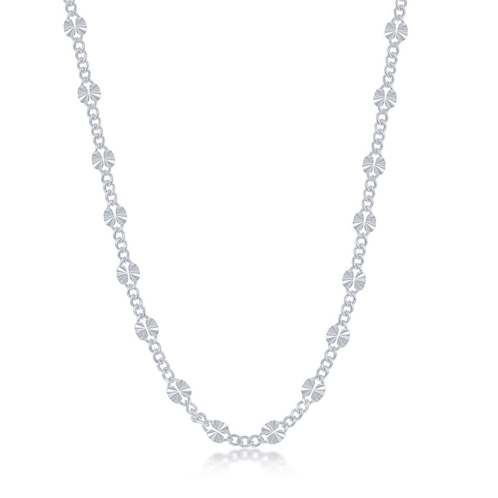 Sterling Silver Alternating Curb and Diamond-Cut Disc Chain - Rhodium Plated