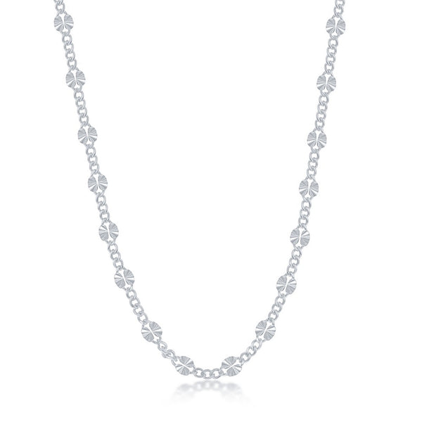 Sterling Silver Alternating Curb and Diamond-Cut Disc Chain - Rhodium Plated