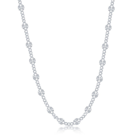 Sterling Silver Alternating Curb and Diamond-Cut Disc Chain - Rhodium Plated