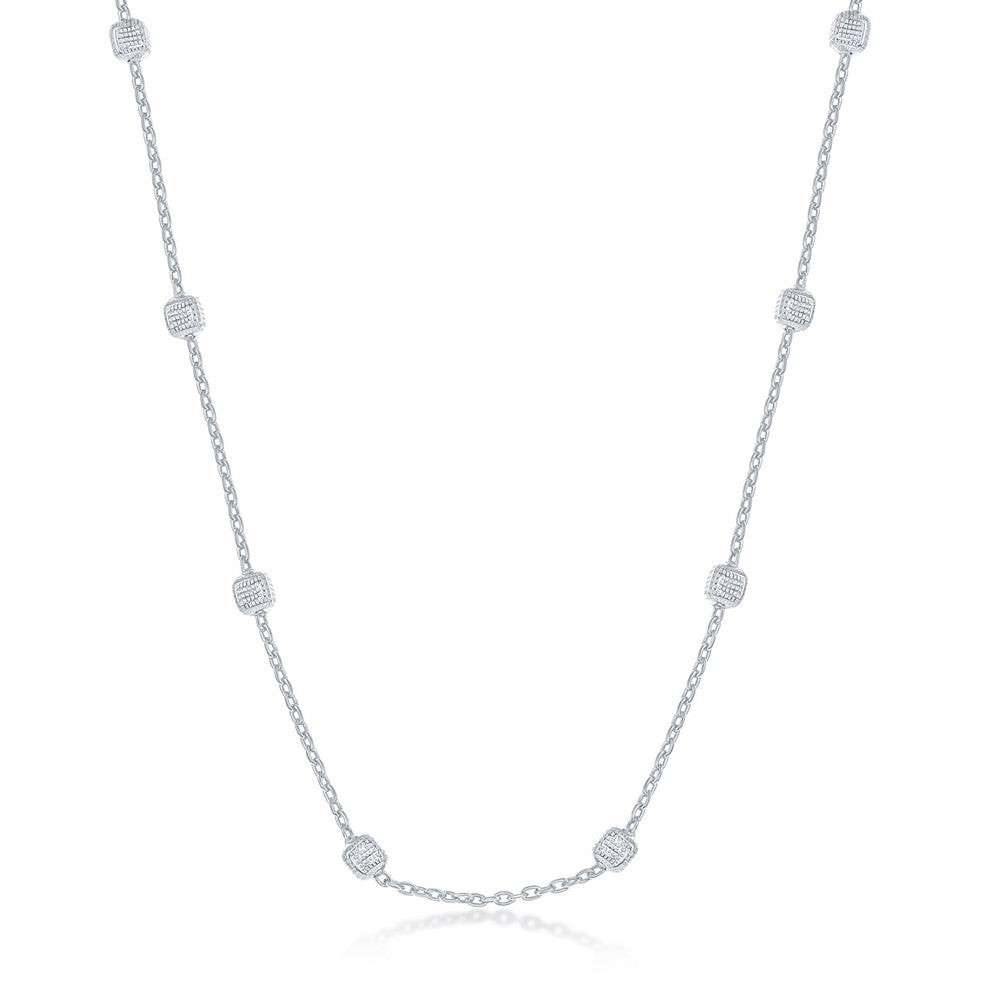Sterling Silver Grid Square Beaded Chain - Rhodium Plated