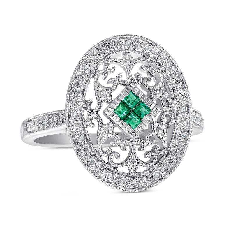 Sterling Silver Ring with Emerald and Diamonds