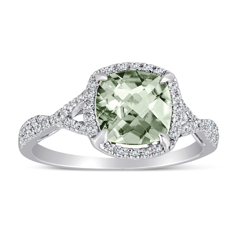 Sterling Silver Ring with Green Amethyst and Diamond