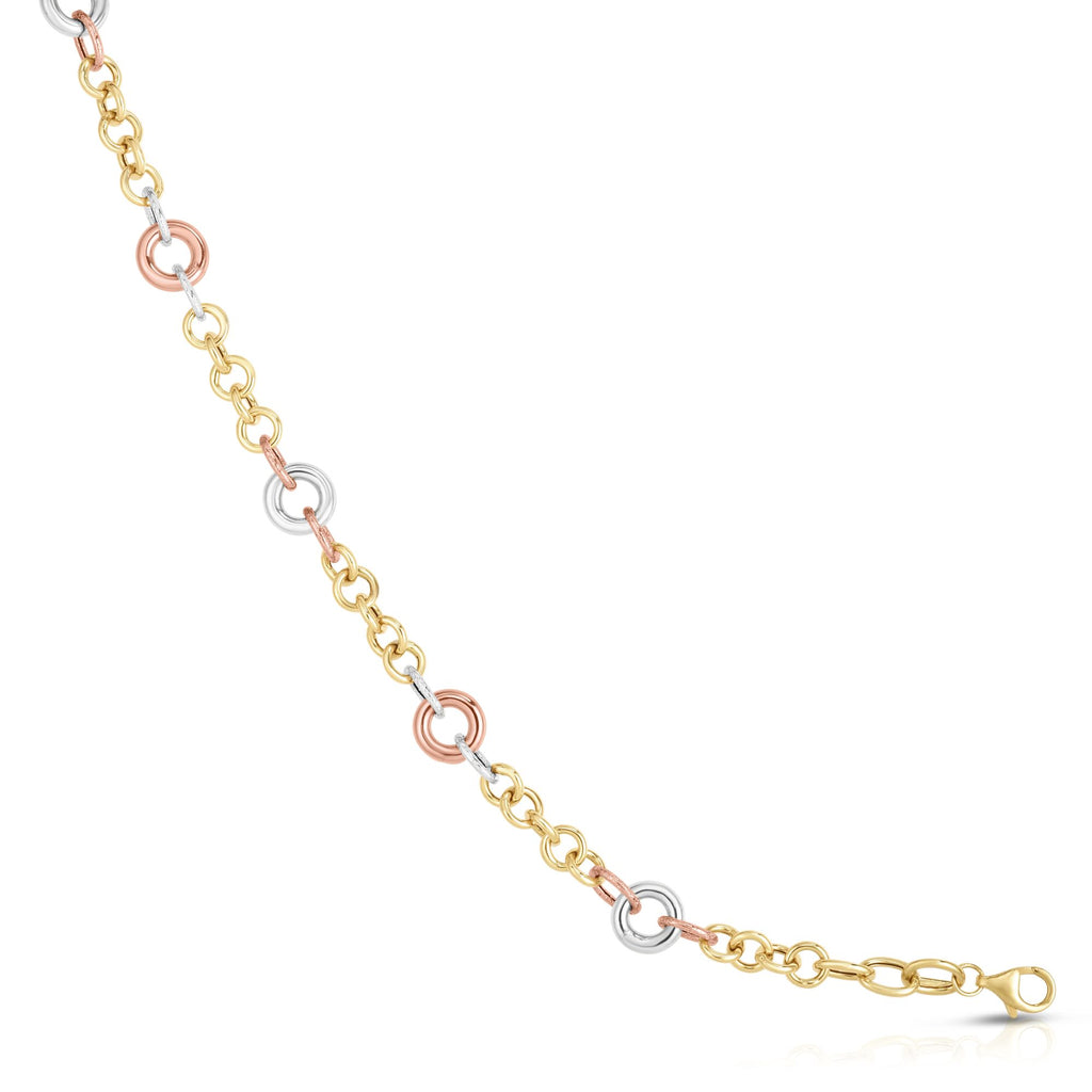 14kt Gold 7.5 inches Rose+Yellow+Rhodium Finish 3-5mm Shiny+Textured Fancy Link Bracelet with Lobster Clasp