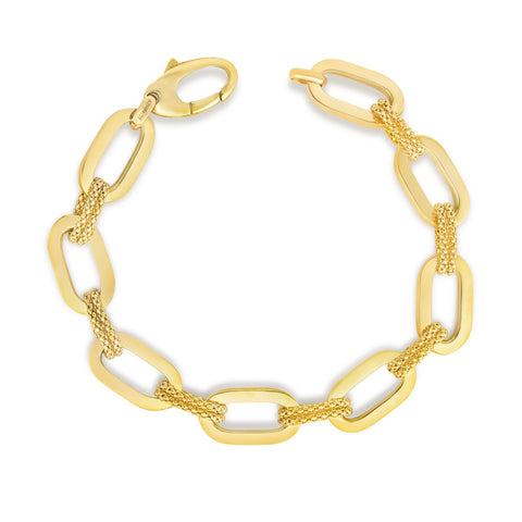 14kt Gold 7.5 inches Yellow Finish 10mm Shiny+Textured Long Link Fancy Bracelet with Lobster Clasp