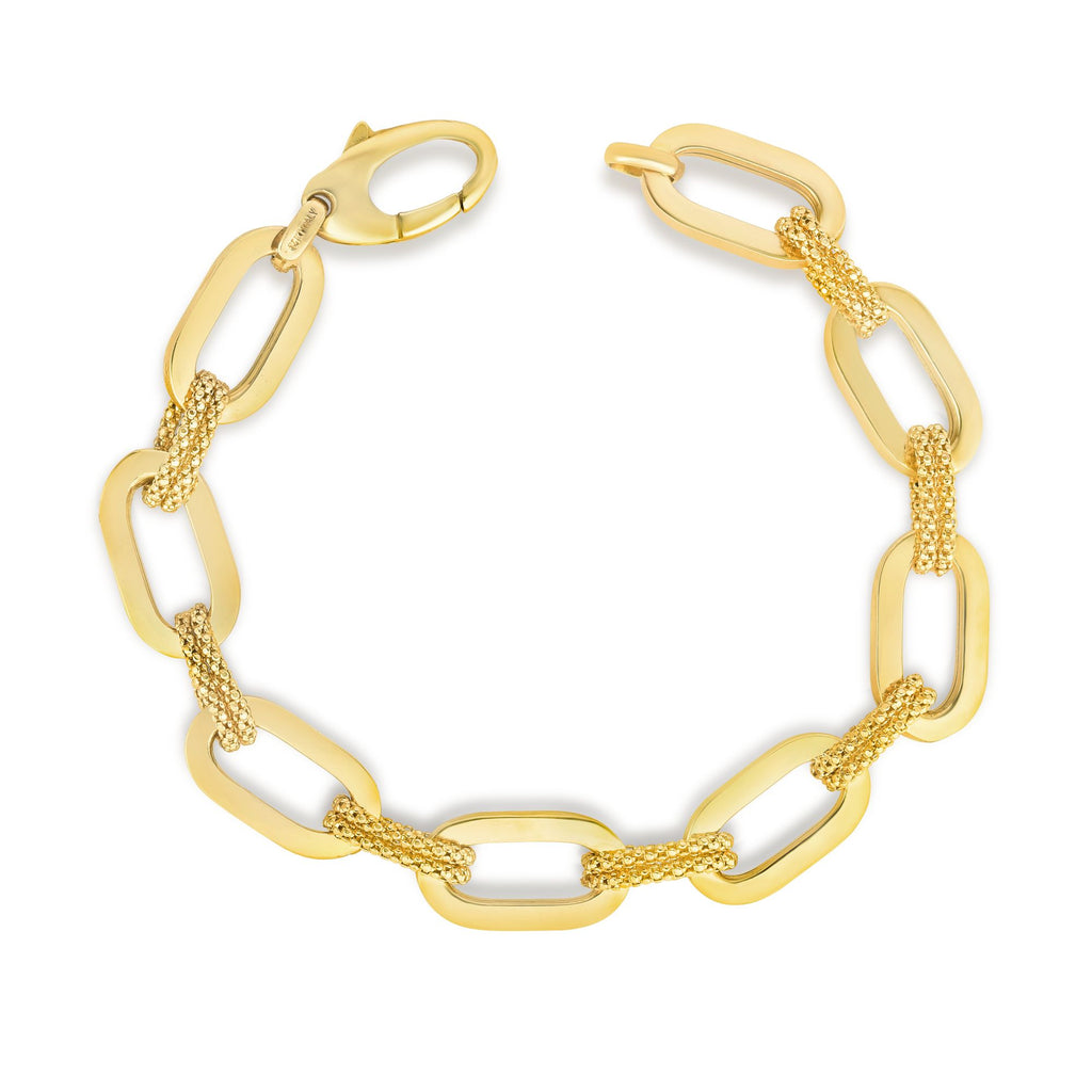 14kt Gold 7.5 inches Yellow Finish 10mm Shiny+Textured Long Link Fancy Bracelet with Lobster Clasp