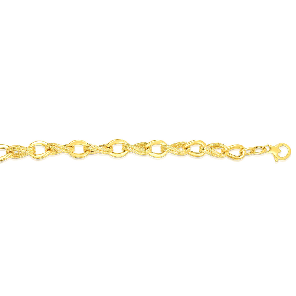14kt Gold 8 inches Yellow Finish 9.1mm Textured Oval Bracelet with Lobster Clasp