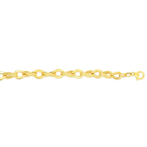14kt Gold 8 inches Yellow Finish 9.1mm Textured Oval Bracelet with Lobster Clasp