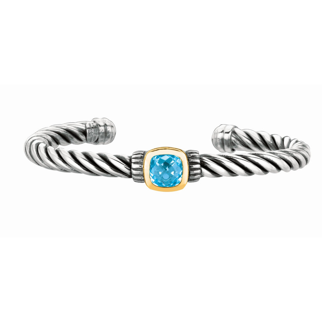 18kt Yellow Gold+Sterling Silver Oxidized Blue Topaz Twisted Cuff Bangle.