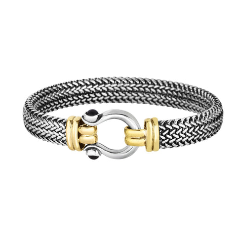 18k 7 inches Yellow Gold+Silver with Oxidized Finish 10mm Domed Woven Bangle with Hook Type Clasp with 2mm Domed Black Onyx
