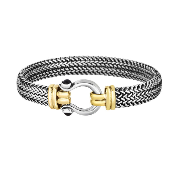 18k 7 inches Yellow Gold+Silver with Oxidized Finish 10mm Domed Woven Bangle with Hook Type Clasp with 2mm Domed Black Onyx