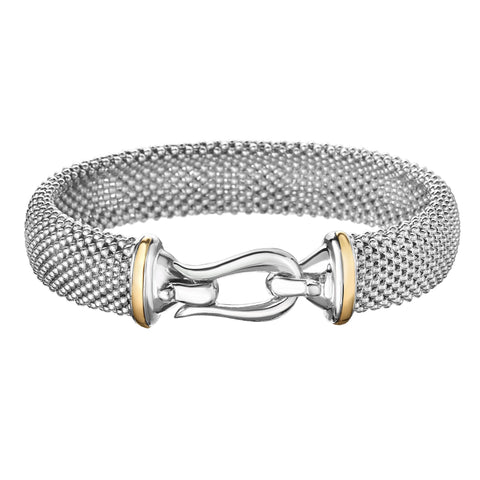 18kt+Silver 7.5 inches Yellow+Rhodium Finish 13.5mm Shiny Dome Popcorn Bangle with Hook Clasp