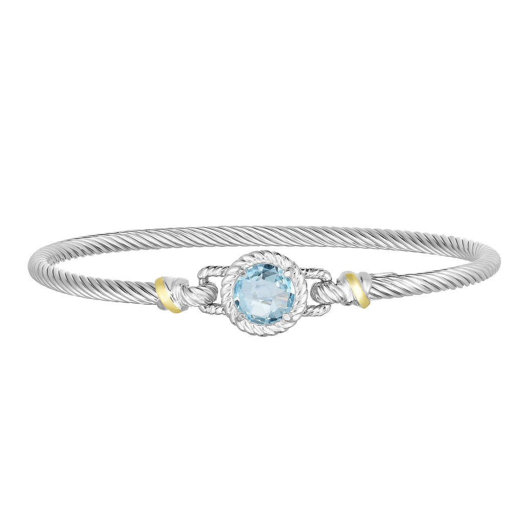 18kt+Silver 7 inches Yellow+Oxidized Finish 2.75mm Textured Bangle with Hook Clasp with 2.4000ct 8mm Round Briolette Sky Blue Topaz