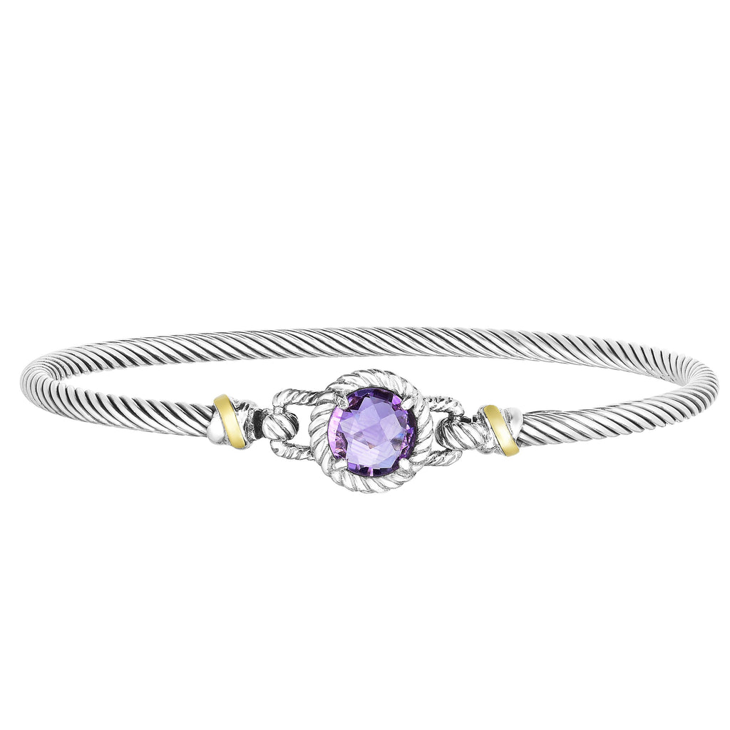 18kt+Silver 7 inches Yellow+Oxidized Finish 2.75mm Textured Bangle with Hook Clasp with 2.0000ct 8mm Round Briolette Purple Amethyst
