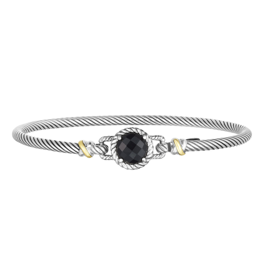 18kt+Silver 7 inches Yellow+Oxidized Finish 2.75mm Textured Bangle with Hook Clasp with 2.0000ct 8mm Round Briolette Black Onyx