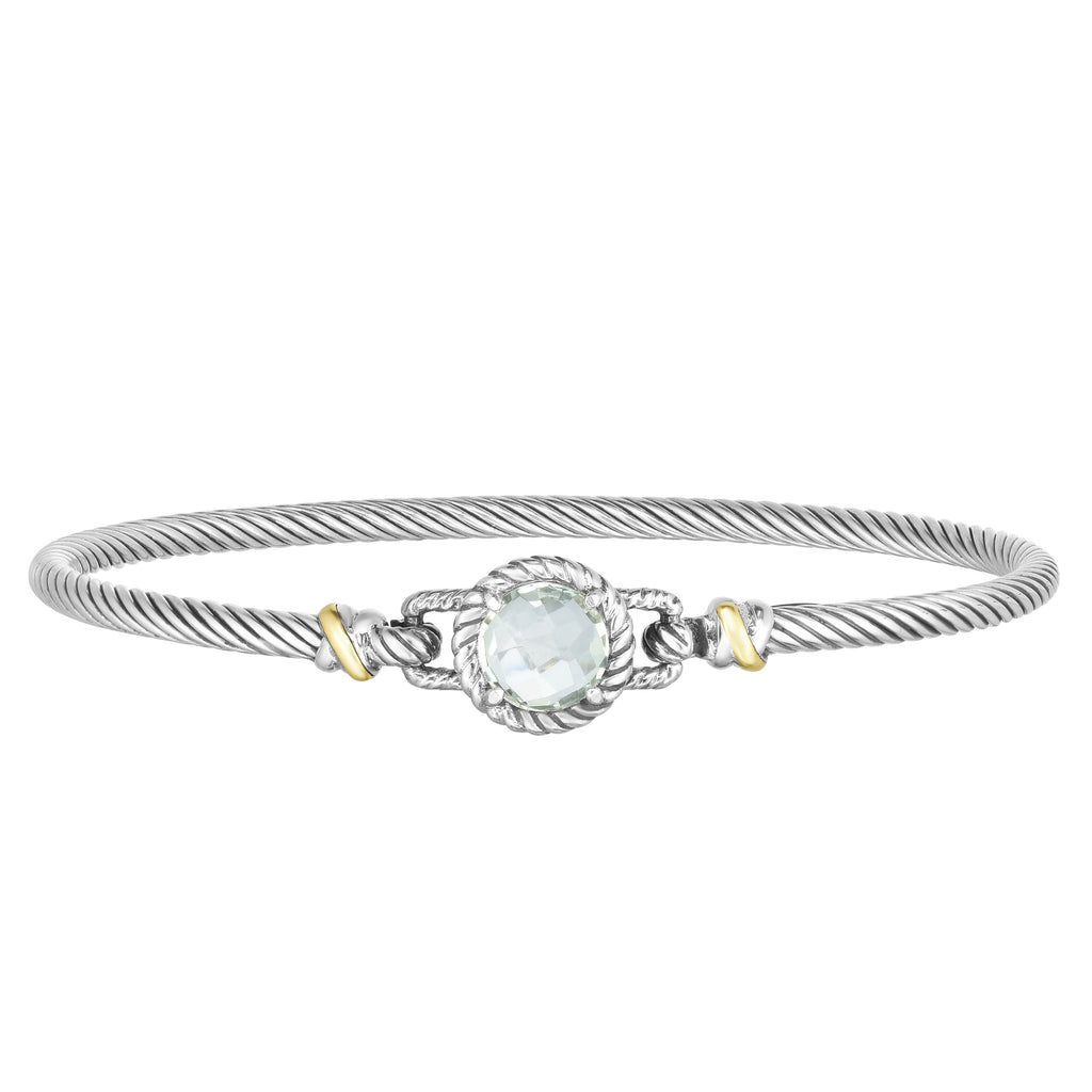 18kt+Silver 7 inches Yellow+Oxidized Finish 2.75mm Textured Bangle with Hook Clasp with 2.0000ct 8mm Round Briolette Green Amethyst