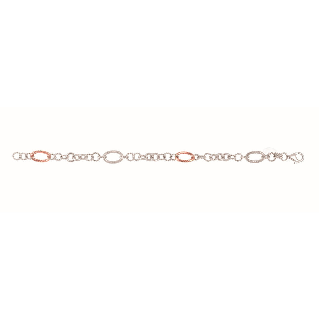 18kt Yellow Gold+Sterling Silver with Rhodium Finish Finish ed 7.75 inches 6.75mm Shiny Round L ink Bracelet with 2 Rose+2 White Large Oval Link+Pear Shape Clasp