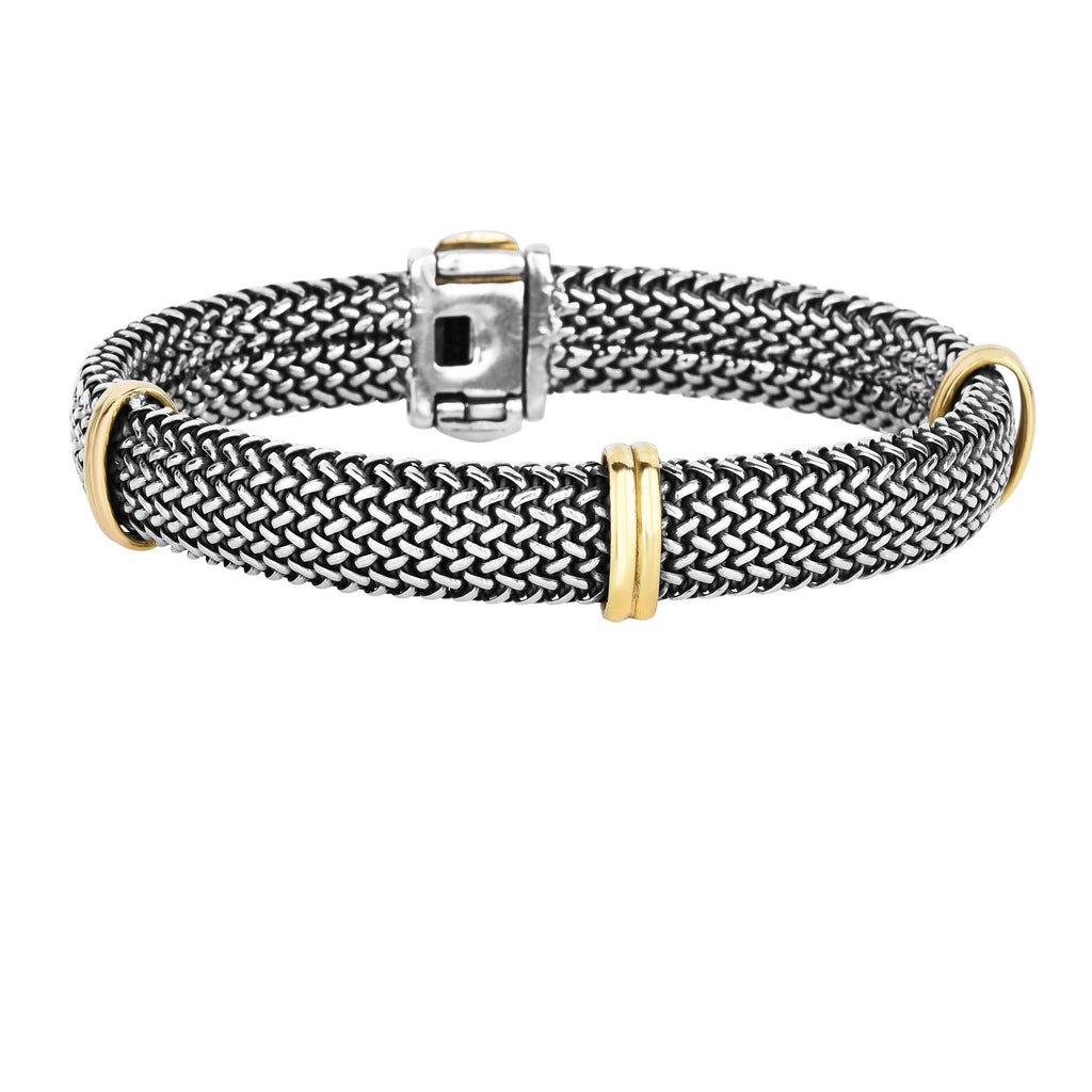 18kt 7.5 inches Yellow Gold+Silver with Oxodized Finish 10.8mm Oval Shape Woven Mesh Bracelet+3 Yellow Double Oval Barrel Element with Snap Box Clasp