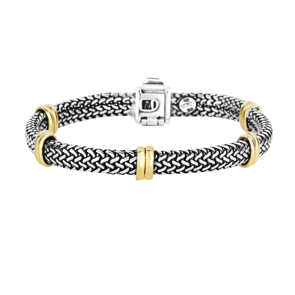 18kt 7.5 inches Yellow Gold+Silver Oxidized Finish 9m m Shiny 5 Station Yellow Double Oval Barrel Element On Wheat Textured Bracelet with Box Clasp