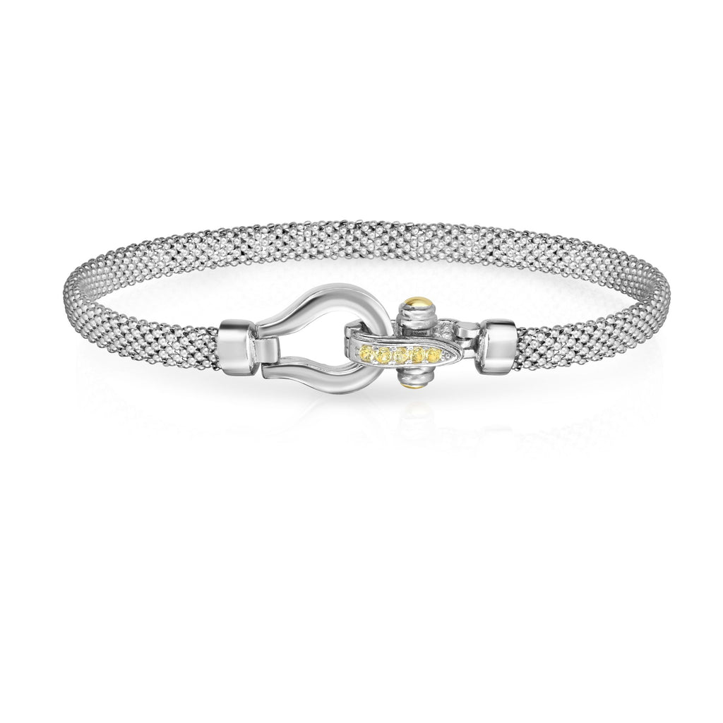 18kt+Silver 7.25 inches Yellow+Rhodium Finish 3mm Textured Dome Popcorn Bracelet with Hook Clasp with 0.1525ct 1.7mm Round Yellow Sapphire