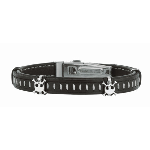 Stainless Steel 8.5 inches Shiny Dark Brown Joseph Tyler Collection Leather Bracelet w ith Deployment Clasp+White Skull