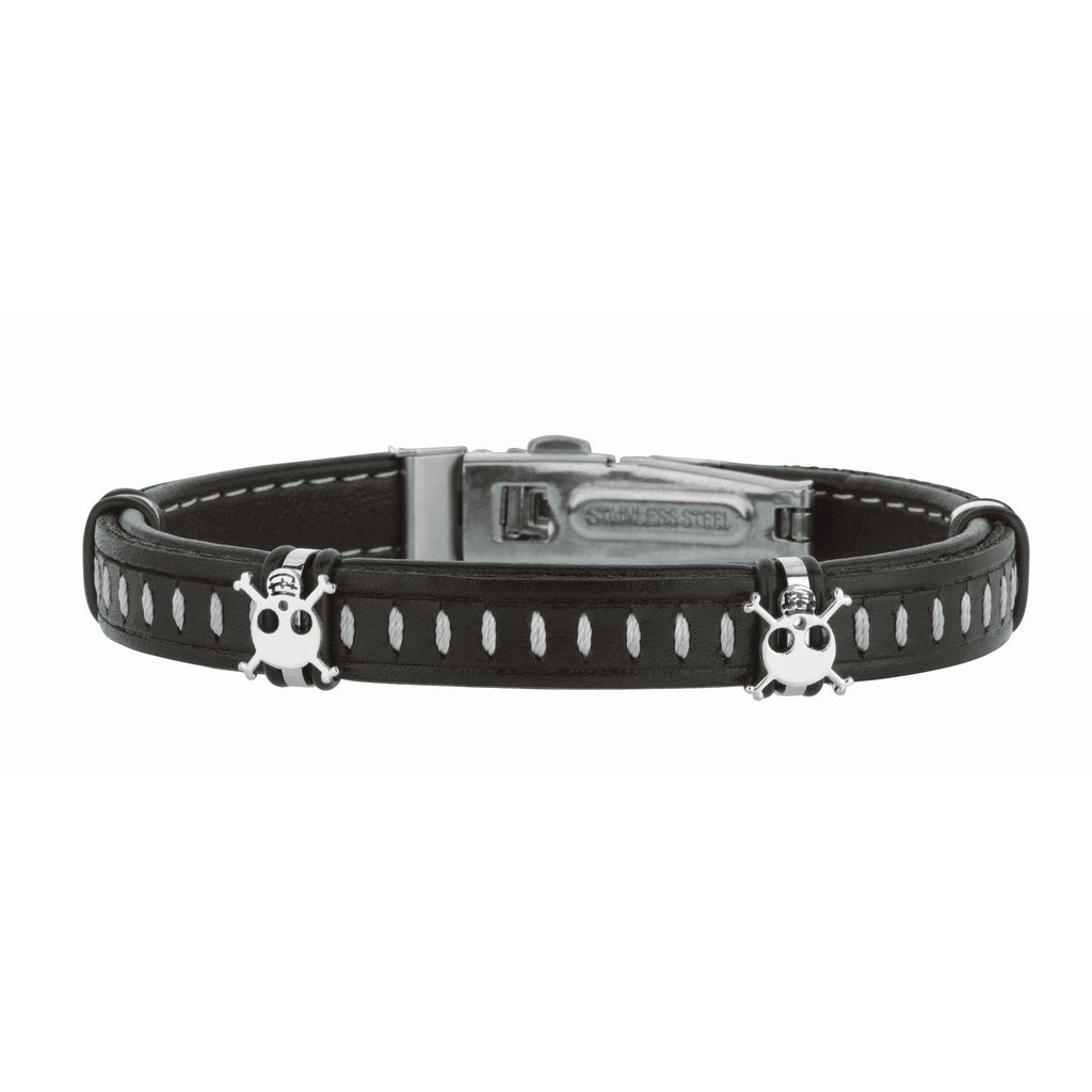 Stainless Steel 8.5 inches Shiny Dark Brown Joseph Tyler Collection Leather Bracelet w ith Deployment Clasp+White Skull