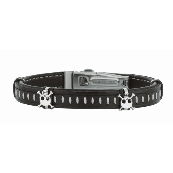 Stainless Steel 8.5 inches Shiny Dark Brown Joseph Tyler Collection Leather Bracelet w ith Deployment Clasp+White Skull