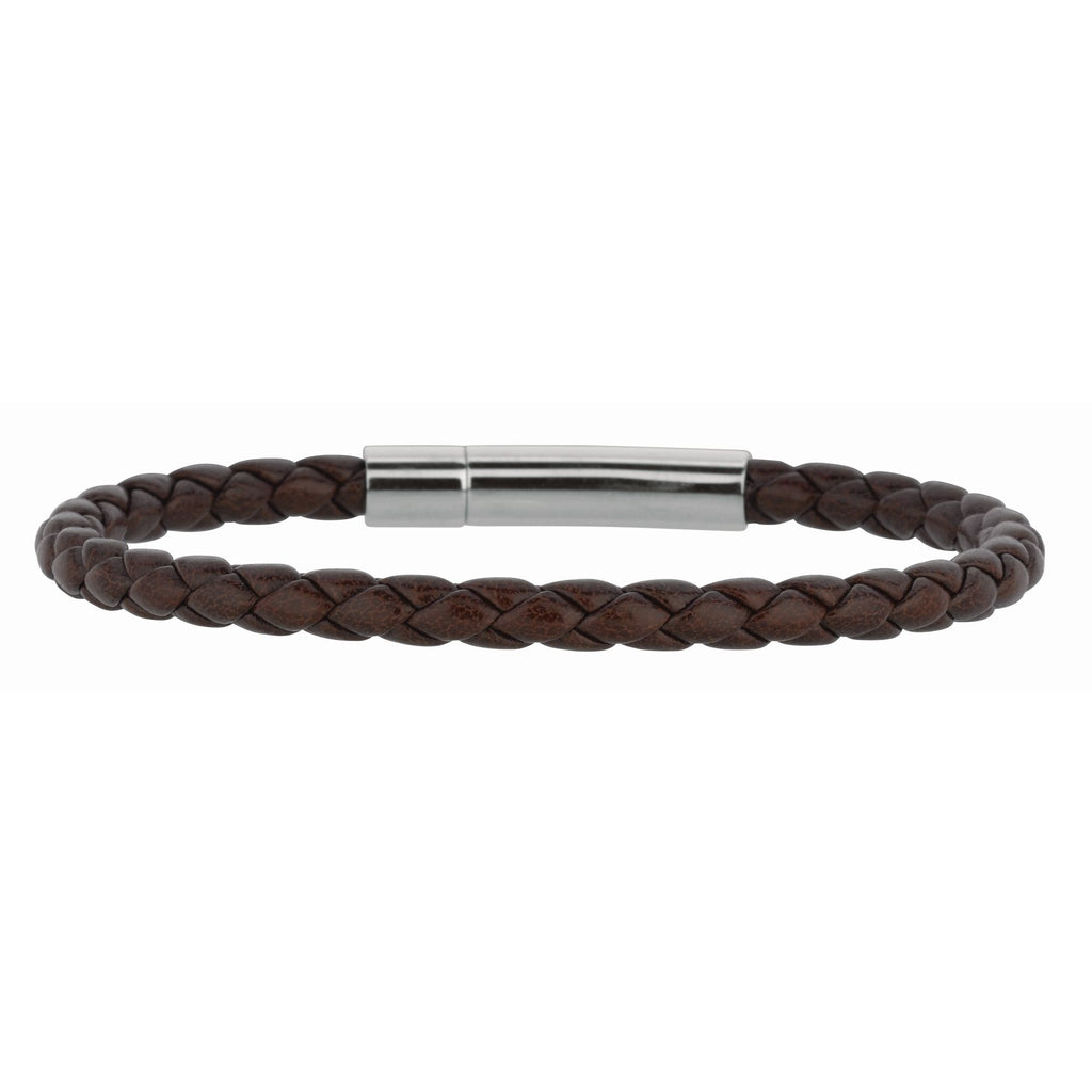 Stainless Steel 7.5 inches Shiny Brown Weaved Joseph Tyler Collection Leather Bracelet