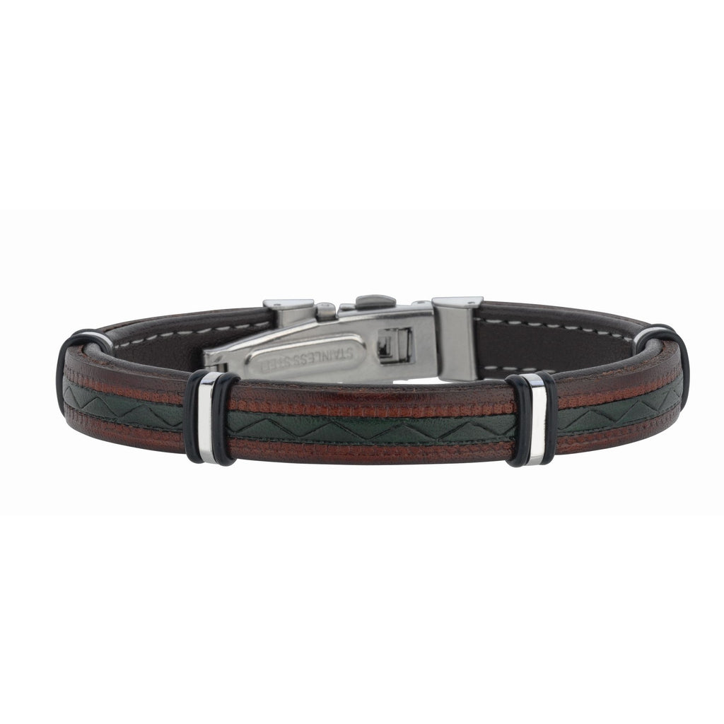 Stainless Steel 8.5 inches Shiny 2-Tone Leather Joseph Tyler Collection Leather Bracel et with Deployment Clasp