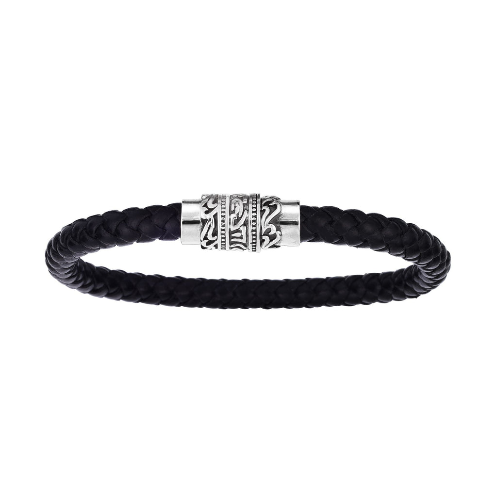 Stainless Steel 8.25 inches Oxidized Finish 6.4mm Black Braided Leather Bracelet with Magnetic Buckle Clasp with Oil