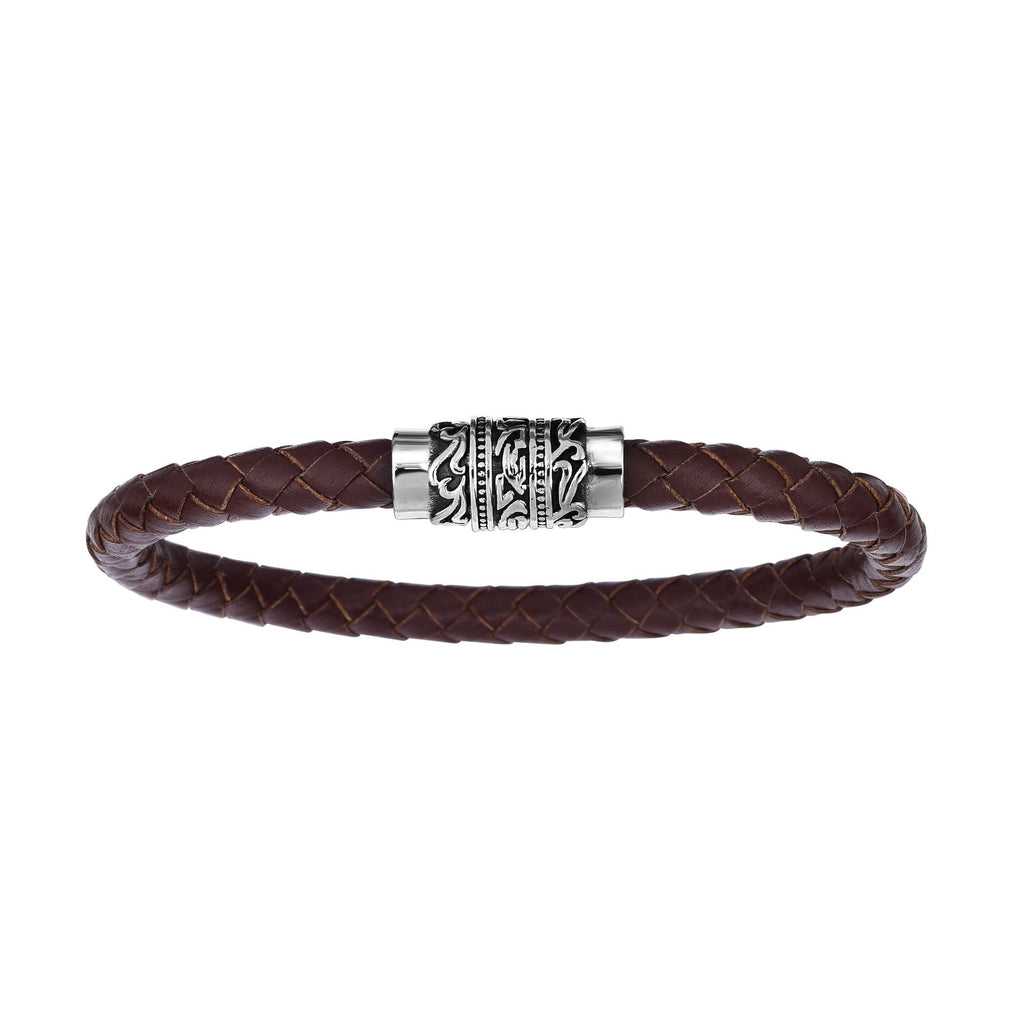 Stainless Steel 8.25 inches Oxidized Finish 6.4mm Brown Braided Leather Bracelet with Magnetic Buckle Clasp with Oil