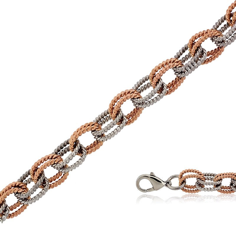 Stainless Steel and Rose Gold Alternating Double Linked Bracelet