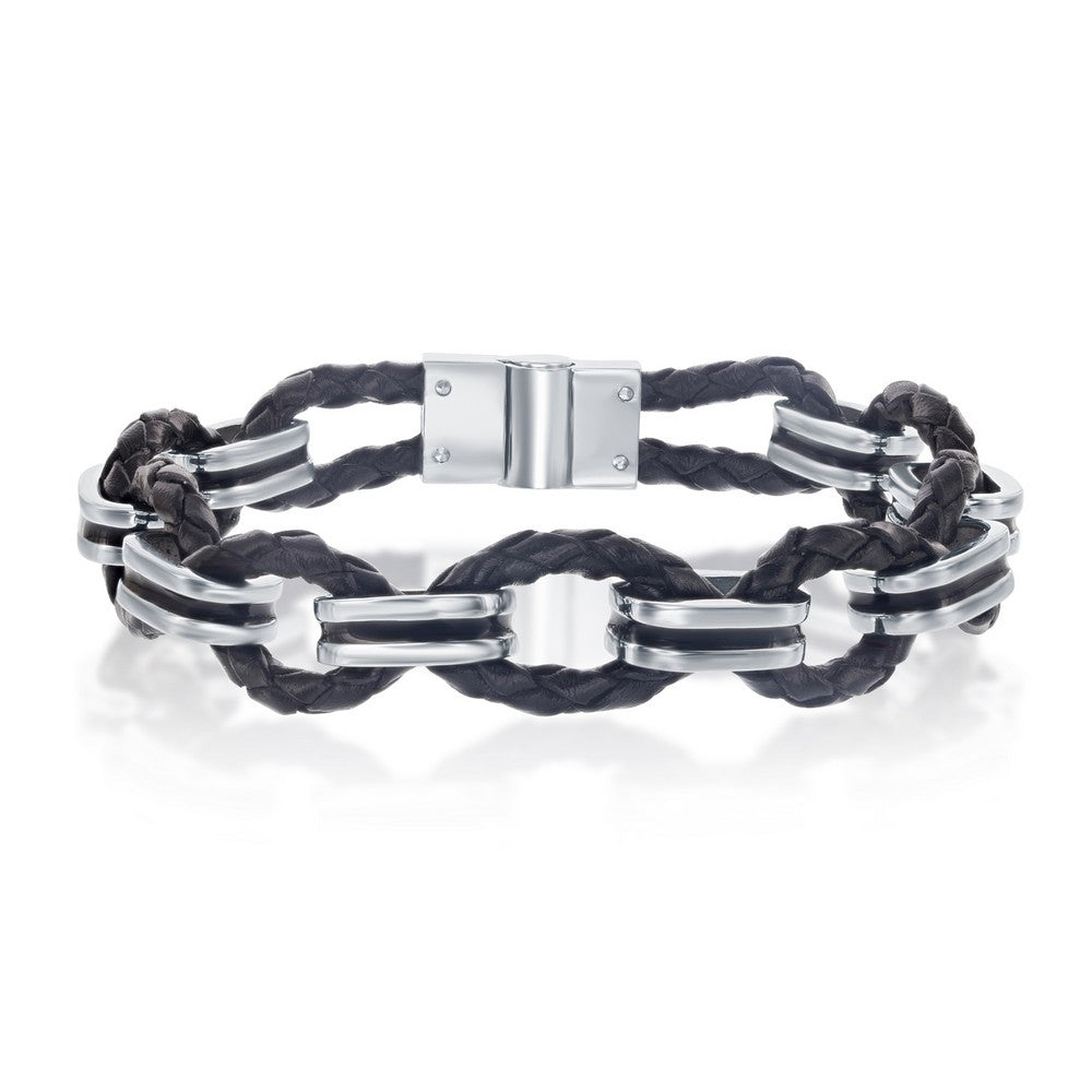 Stainless Steel Woven Leather and Oval Links Bracelet