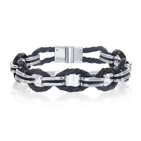 Stainless Steel Woven Leather and Oval Links Bracelet