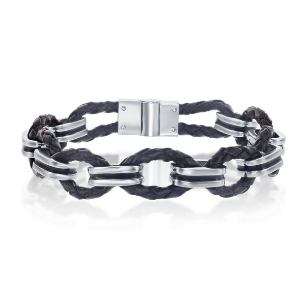 Stainless Steel Woven Leather and Oval Links Bracelet