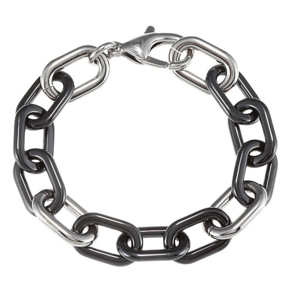 Stainless Steel Rectangular Black Ceramic and Silvertone Link Bracelet