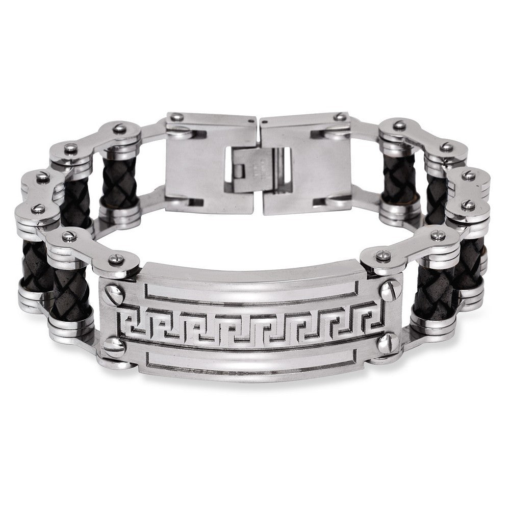 Stainless Steel Wide Brown Braided Leather Greek Key Bar Bracelet