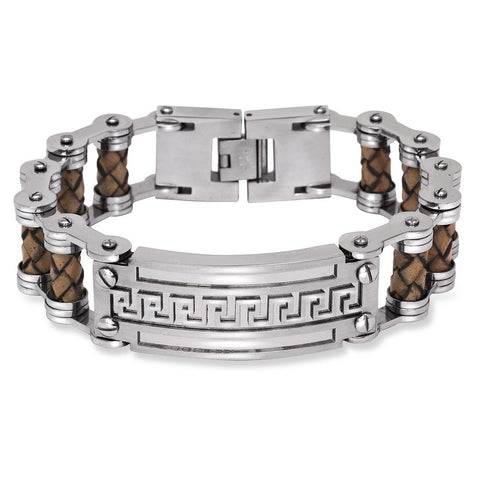Stainless Steel Wide Tan Braided Leather Greek Key Bar Bracelet