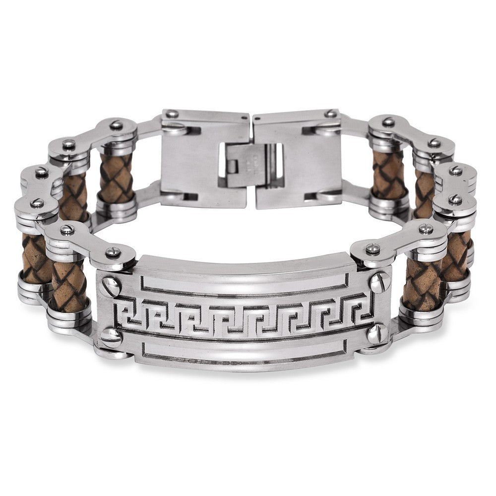 Stainless Steel Wide Tan Braided Leather Greek Key Bar Bracelet