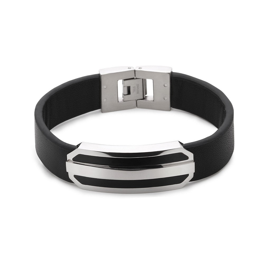 Stainless Steel Black Leather Strap with Lined Bar Center Bracelet