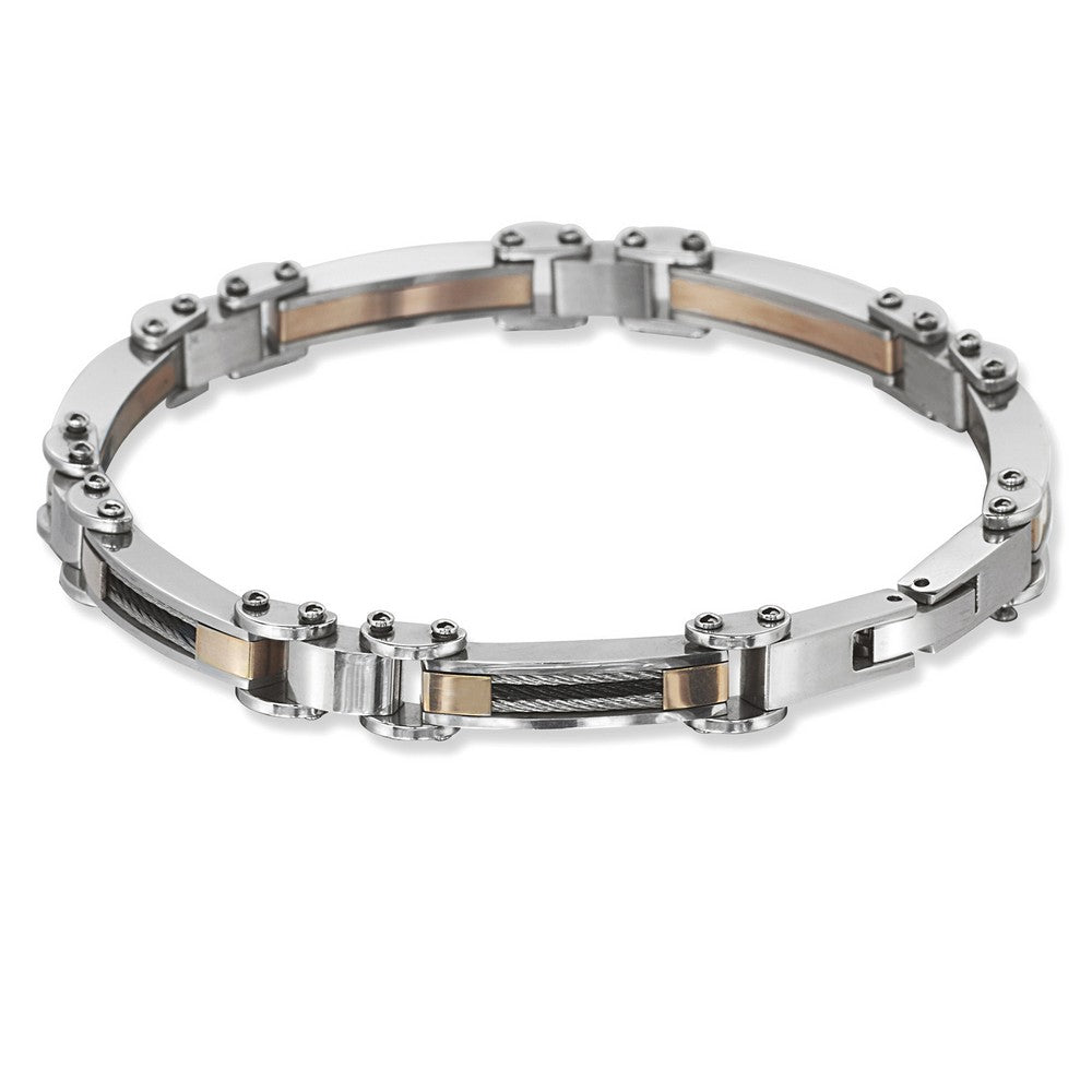 Stainless Steel Rose Plate with Black and Silver Cable Bracelet