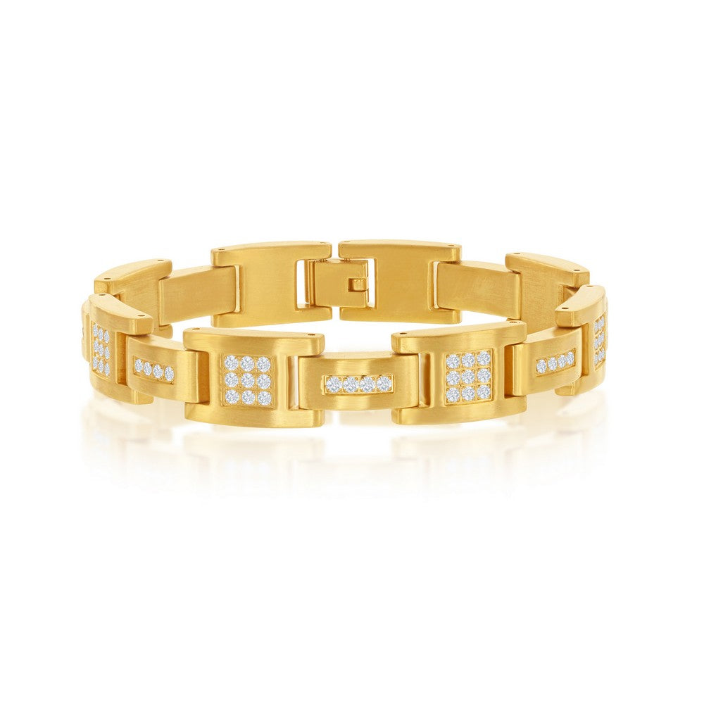 Stainless Steel Matte Gold Plated CZ Link Bracelet