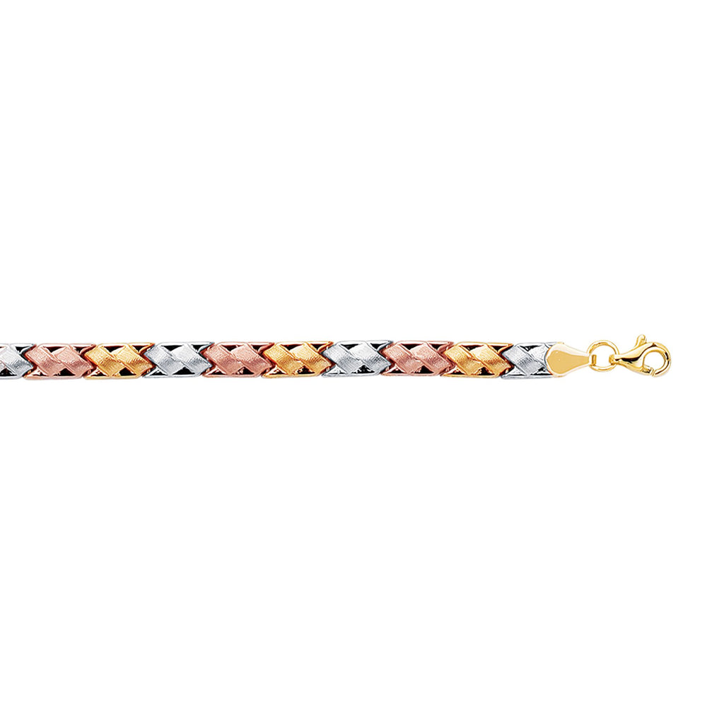 14kt 7.25 inches Yellow+White+Rose Gold Textured Shiny Tri Color Weaved Type Bracelet with Pear Shape Clasp