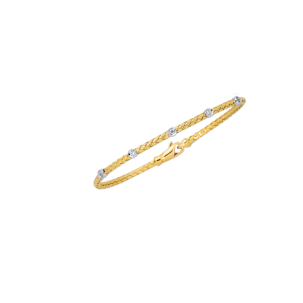 14kt 7.25 inches Yellow+White Gold Round Basket Weaved Bangle with Lobster Clasp+Barrel with 0.14ct White Diamond