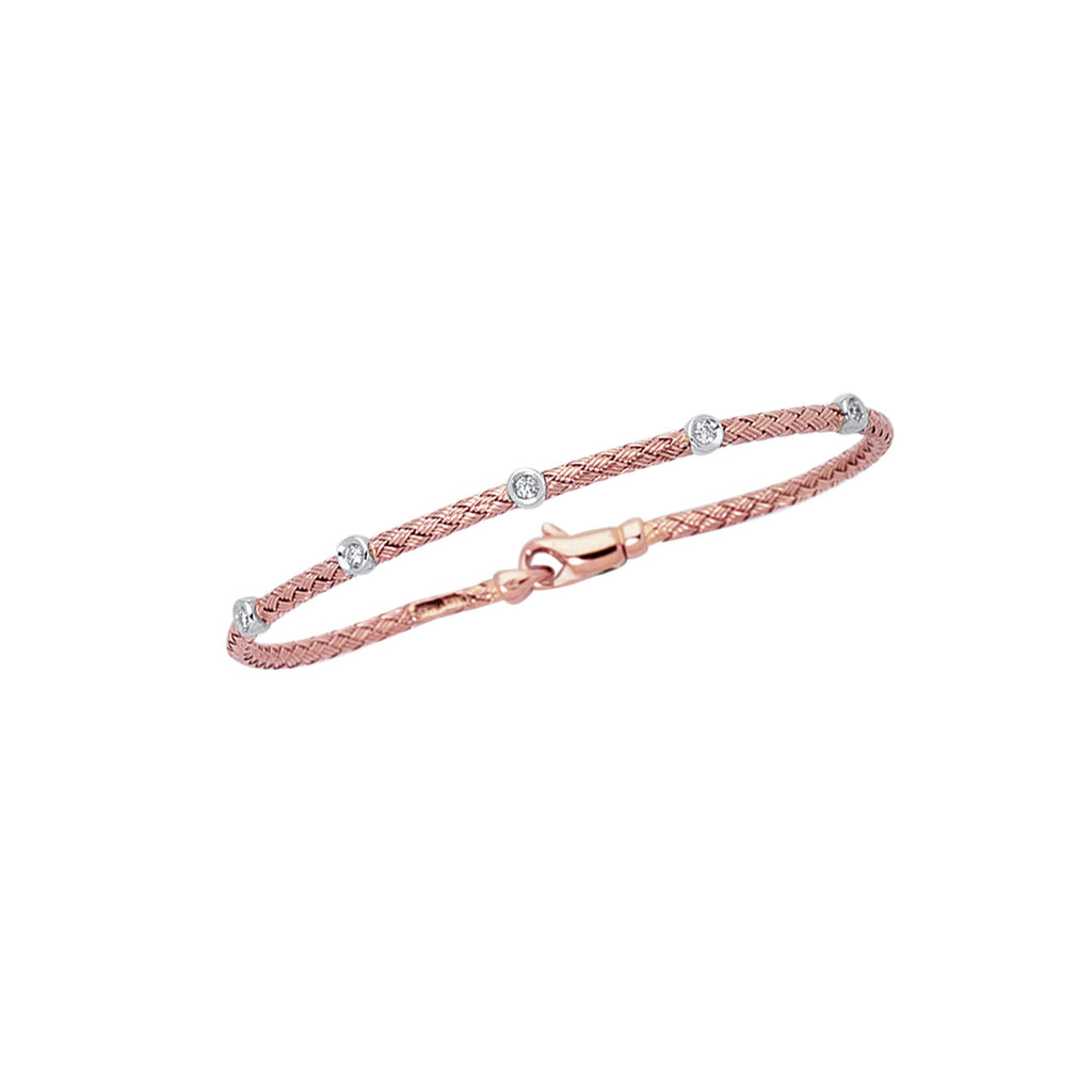 14kt 7.25 inches Rose+White Gold Round Basket Weaved Bangle with Lobster Clasp+Barrel w ith 0.14ct White Diamond