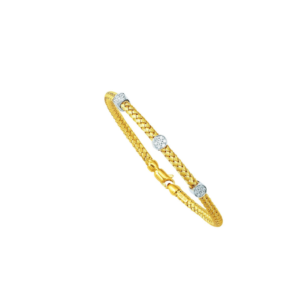 14kt 7.25 inches Yellow+White Gold Round Basket Weaved Bangle with Lobster Clasp+Barrel with 0.21ct White Diamond