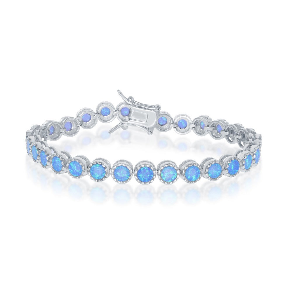 Sterling Silver Round Blue Inlay Opal With Beaded Border Tennis Bracelet