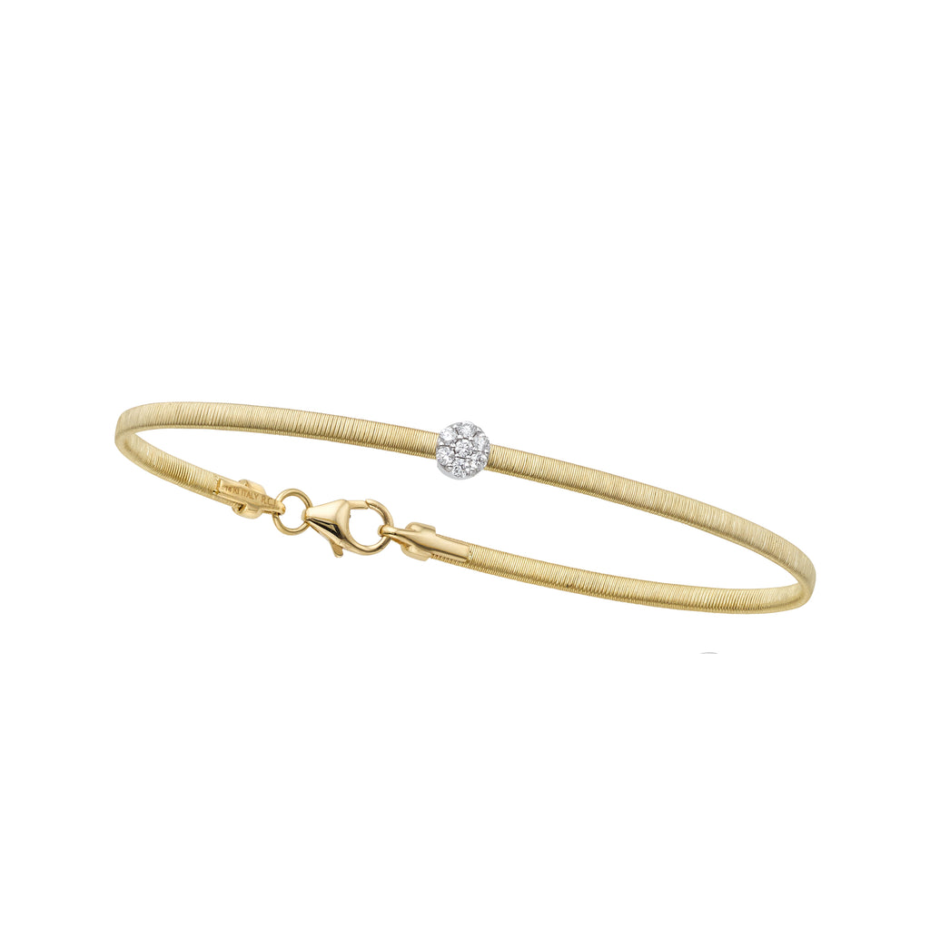 14kt Gold 7 inches Yellow+White Finish 4.5mm(CE),2.2mm(Ch) Brushed Bangle with Lobster Clasp with 0.1000ct 1.5mm White Diamond