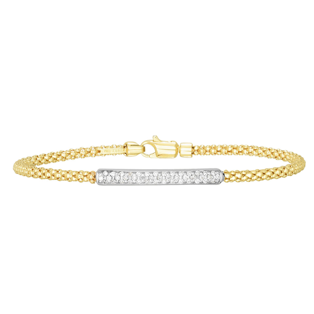 14kt Gold 7 inches Yellow+White Finish 3.5x28mm(CE),2.7mm(Ch) Polished Popcorn with Center Bar Bangle with Lobster Clasp with 0.2150ct 1mm White Diamond